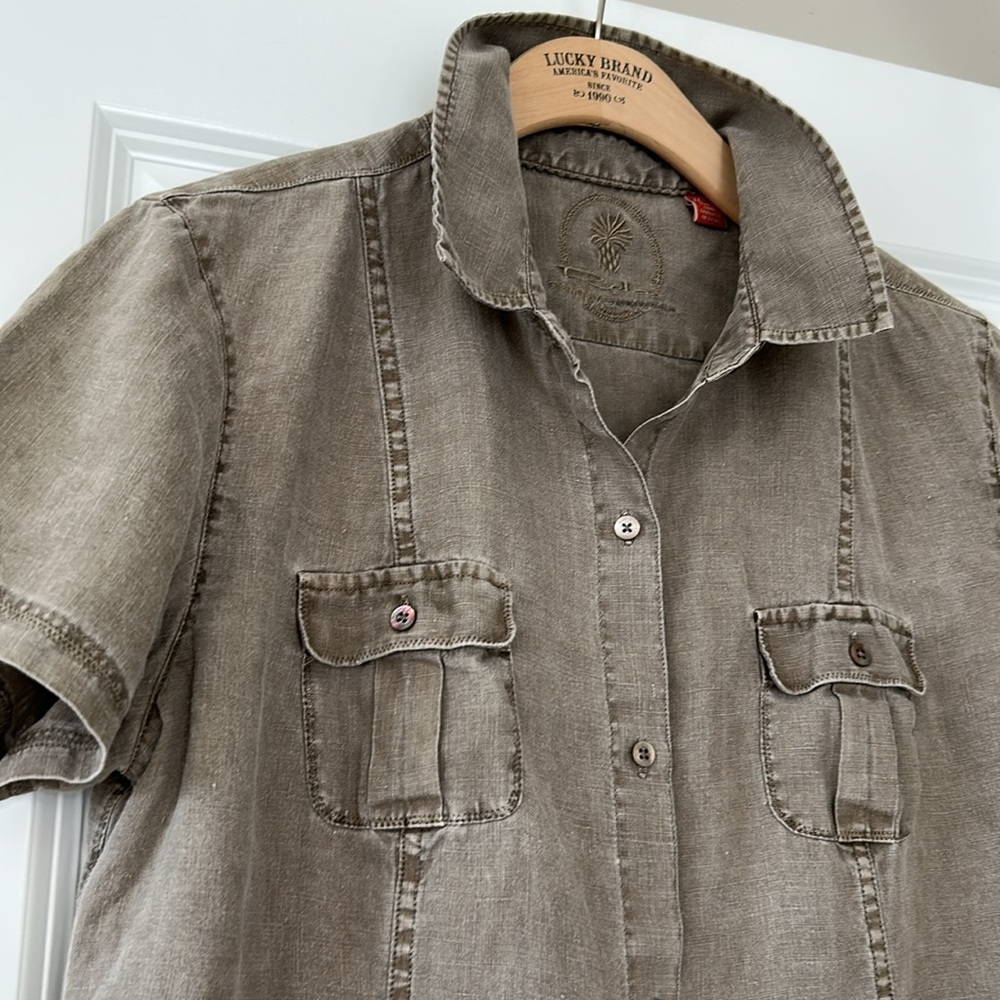 Tommy Bahama Relax Faded Brown Linen Button Down Camp Shirt w Pockets Sz Medium